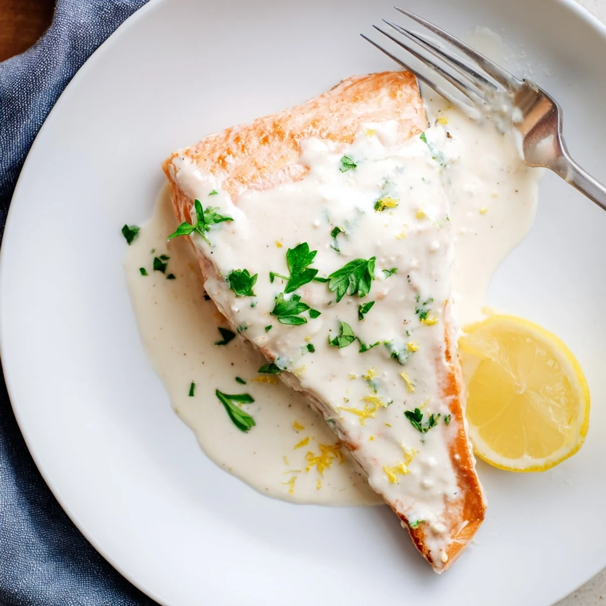 Tender salmon with lemon cream sauce served on white plate with green parsley garnish