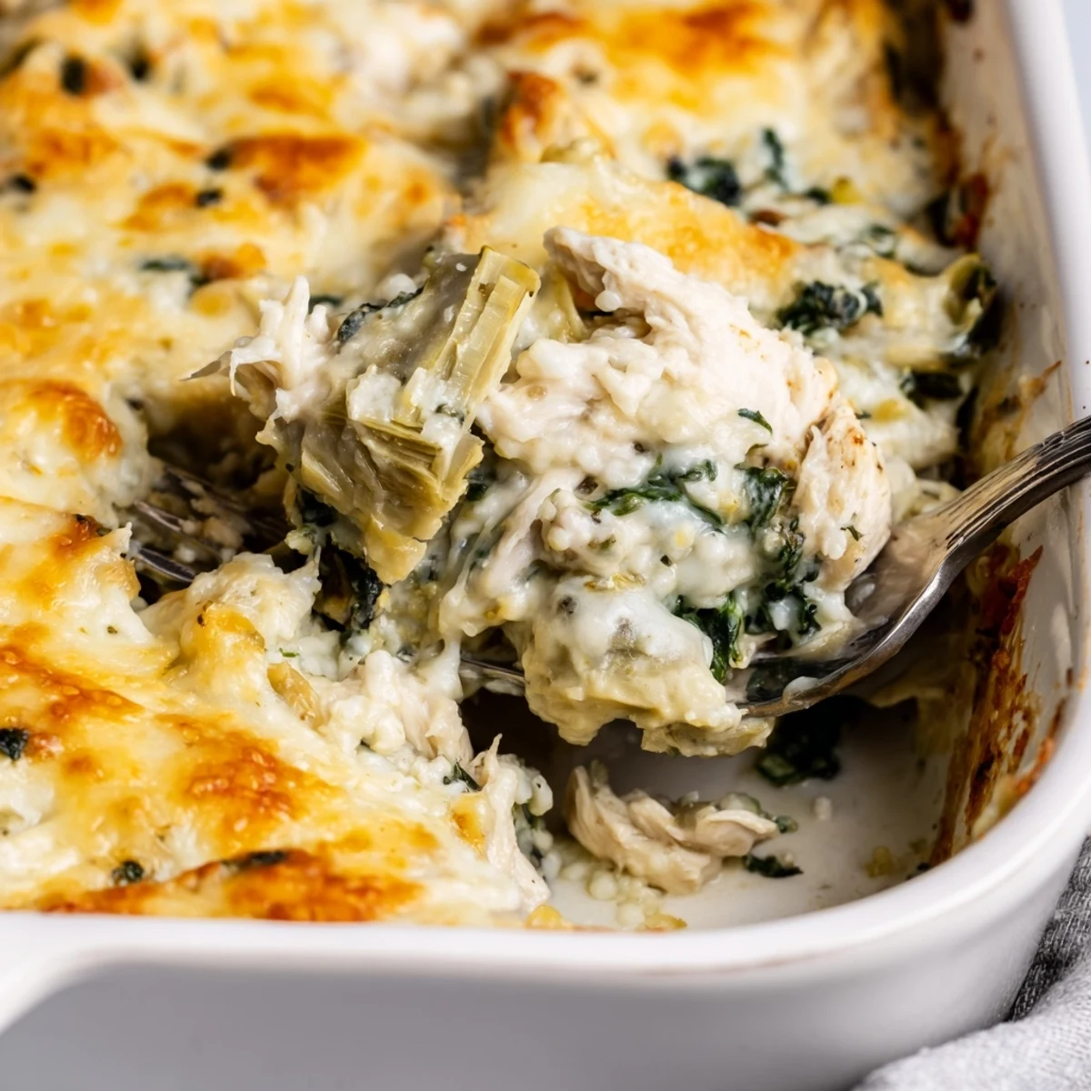 Golden brown spinach artichoke chicken casserole with melted mozzarella bubbling on top