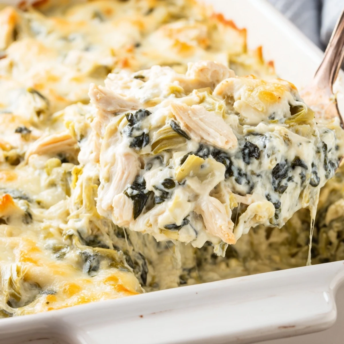 Creamy spinach artichoke chicken casserole served fresh from the oven in a baking dish