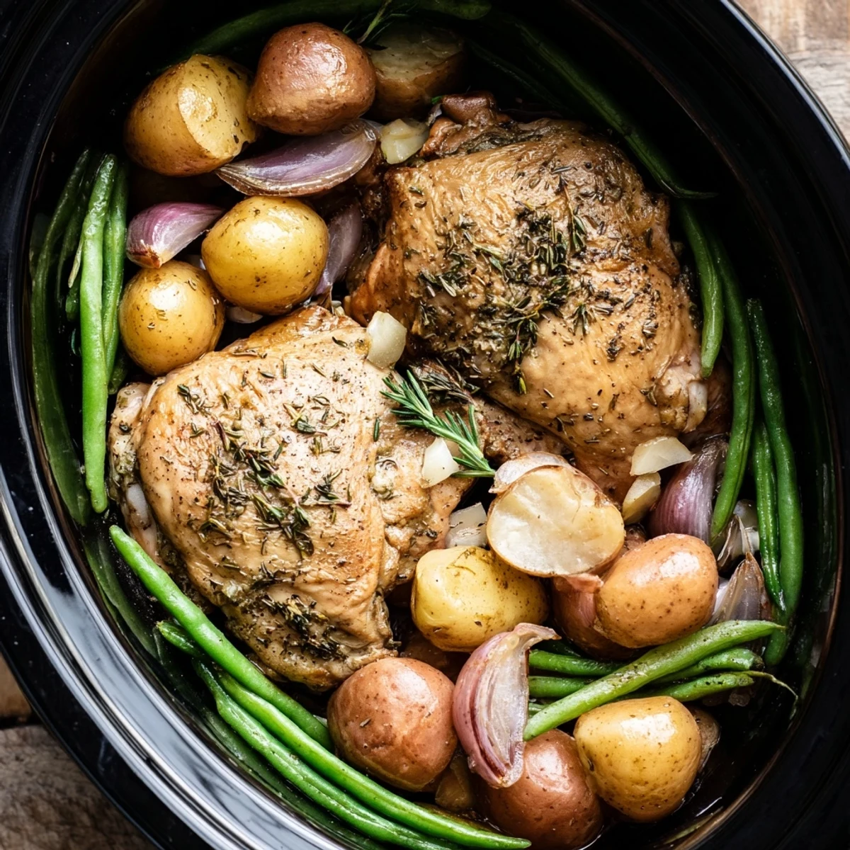Tender chicken thighs nestled alongside baby potatoes and crisp green beans in a slow cooker