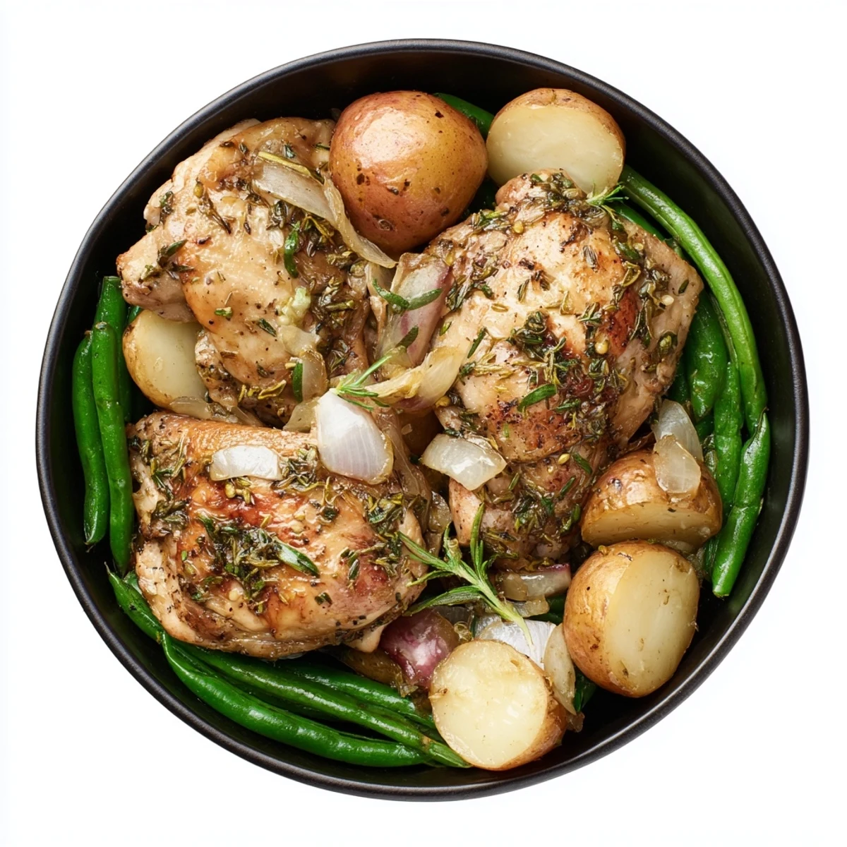 Slow cooker chicken and potatoes with green beans in a rich, savory broth