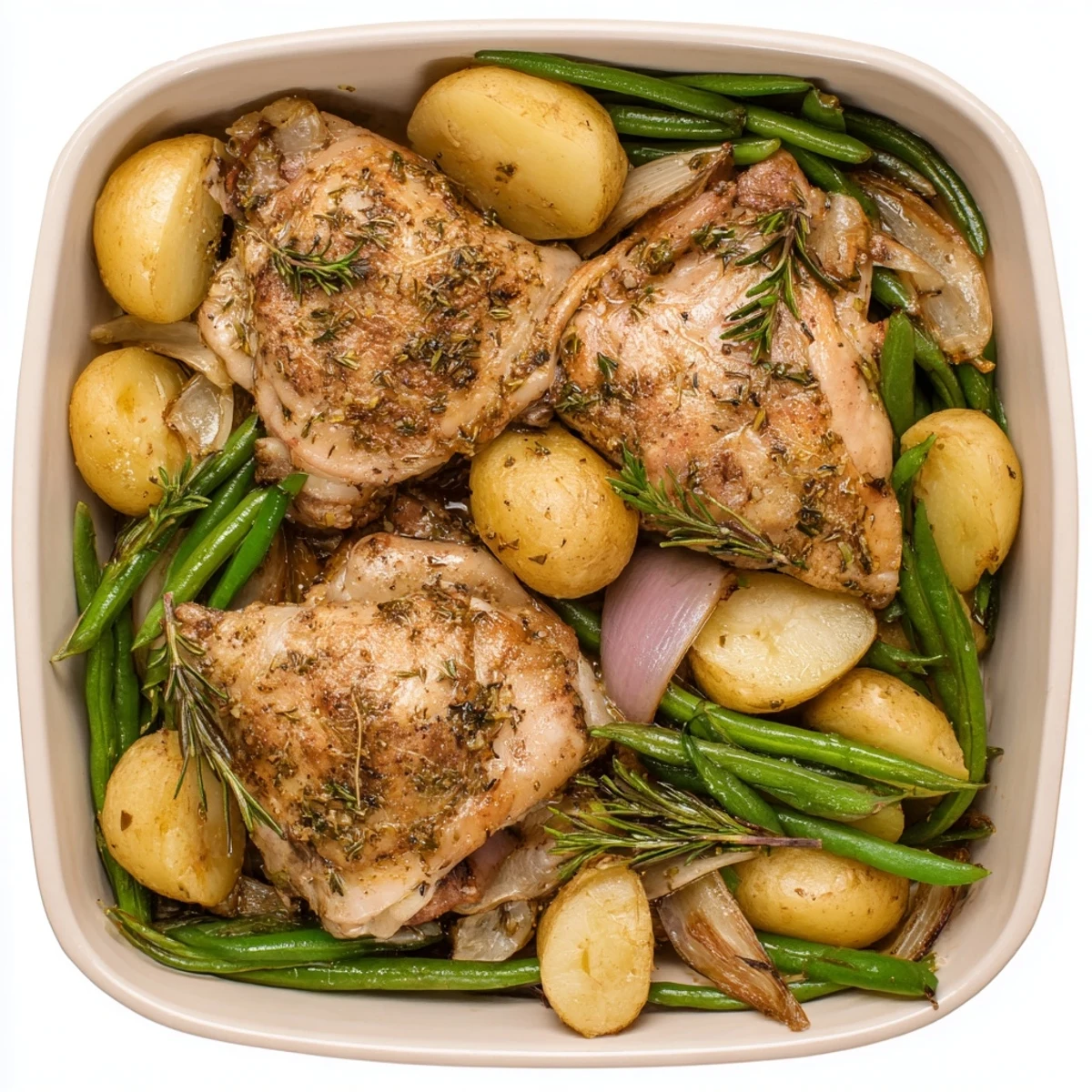 Hearty slow cooker chicken and potatoes with green beans ready for family dinner