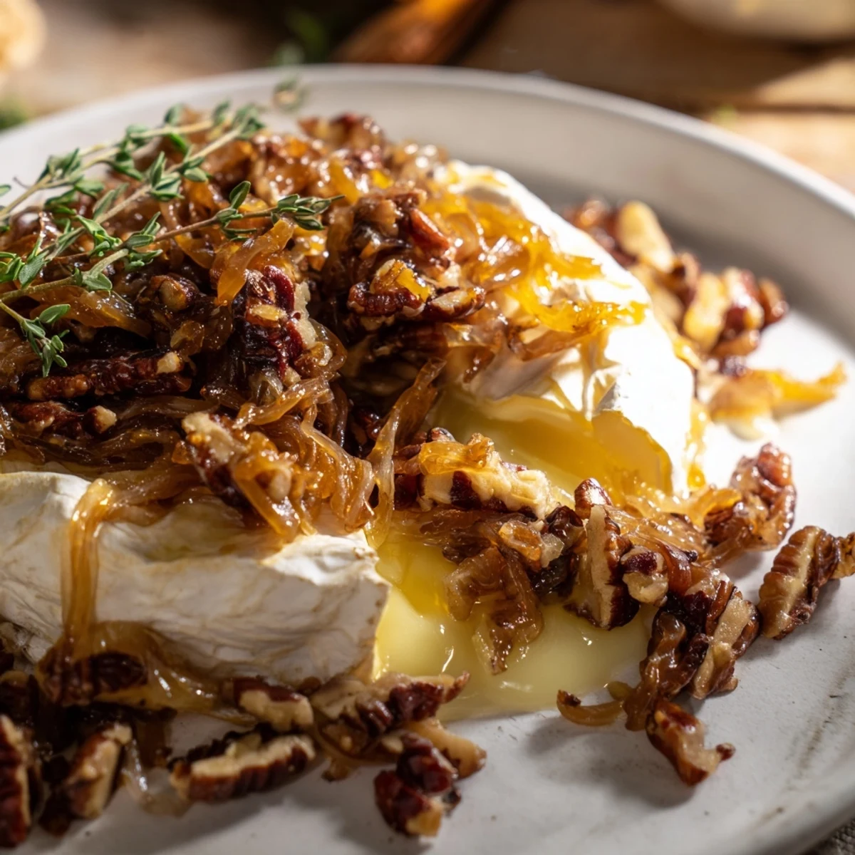 Creamy brie cheese bubbling in a dish with golden onions and crunchy pecan topping
