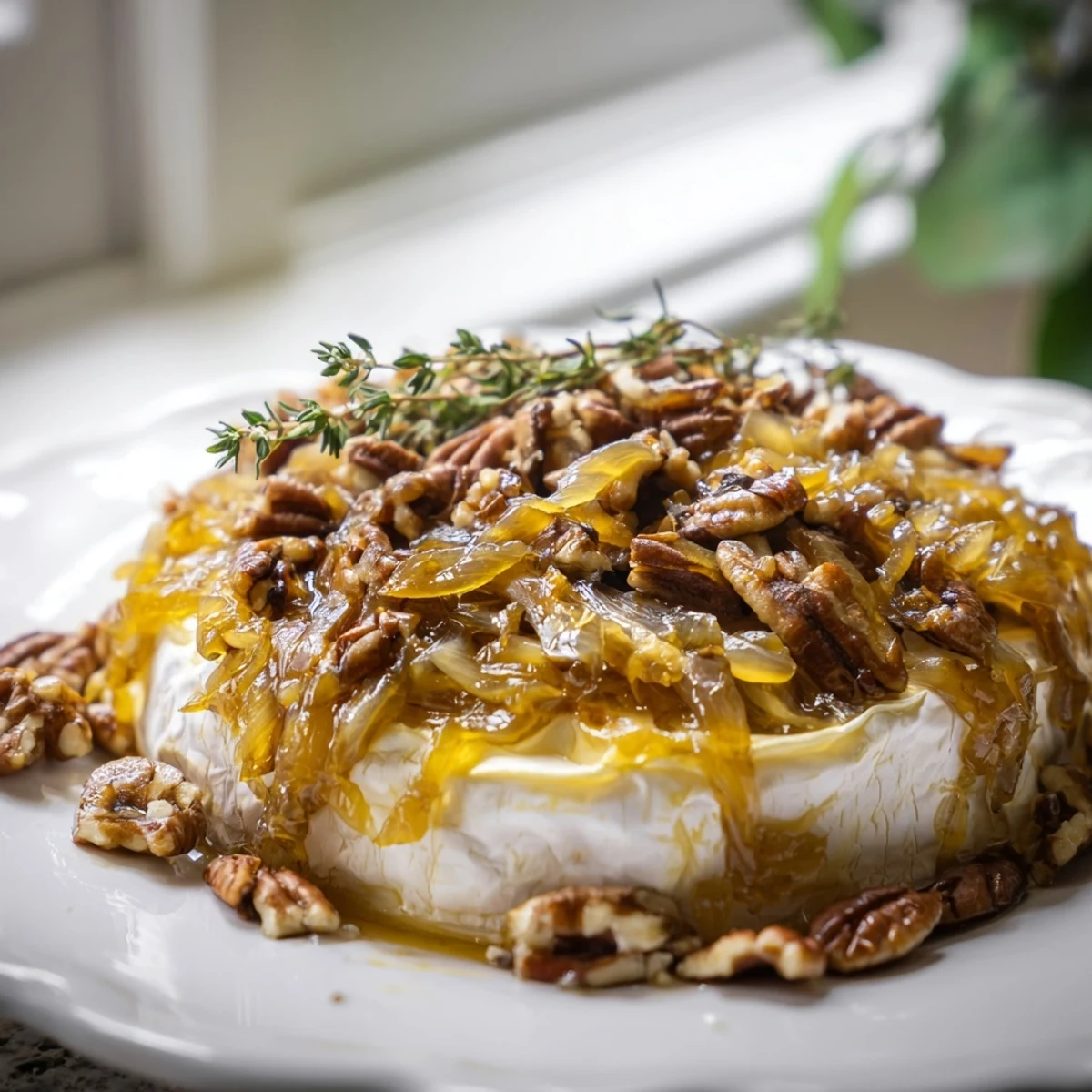 Golden wheel of baked brie topped with sweet caramelized onions and toasted pecans