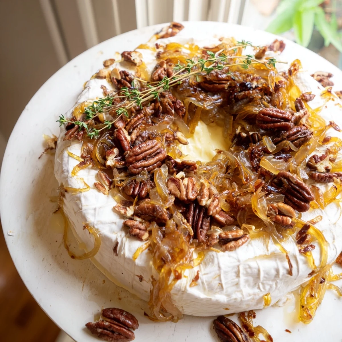 Warm baked brie wheel oozing with caramelized onion and pecan topping, served with crackers
