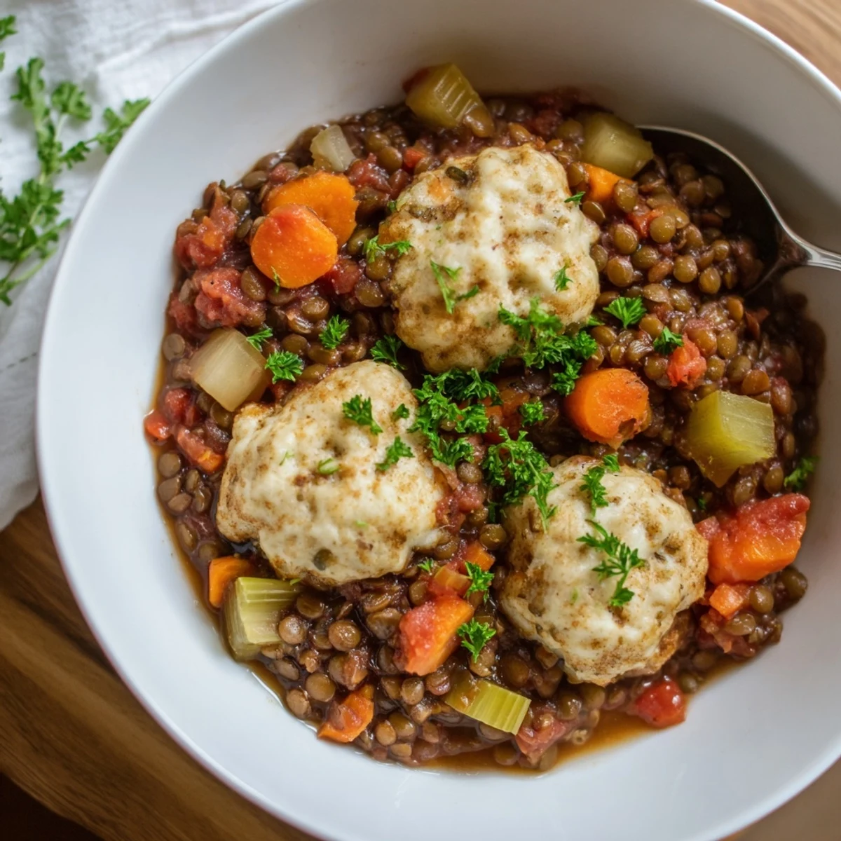 Golden brown dumplings steaming atop a hearty bowl of savory lentils with vegetables