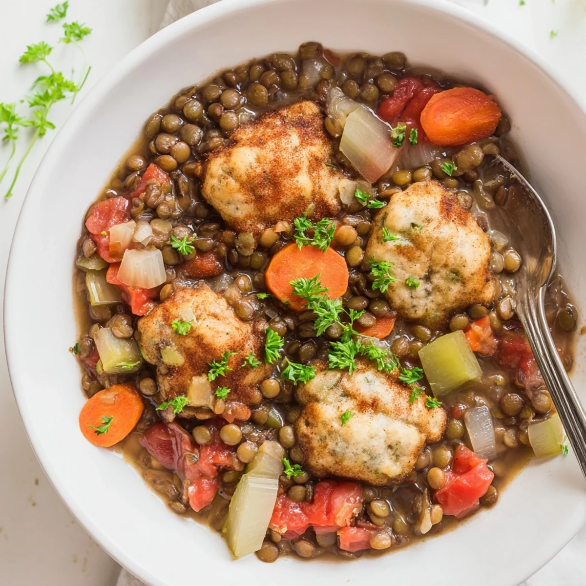 Savory lentil stew topped with golden fluffy dumplings garnished with fresh green parsley