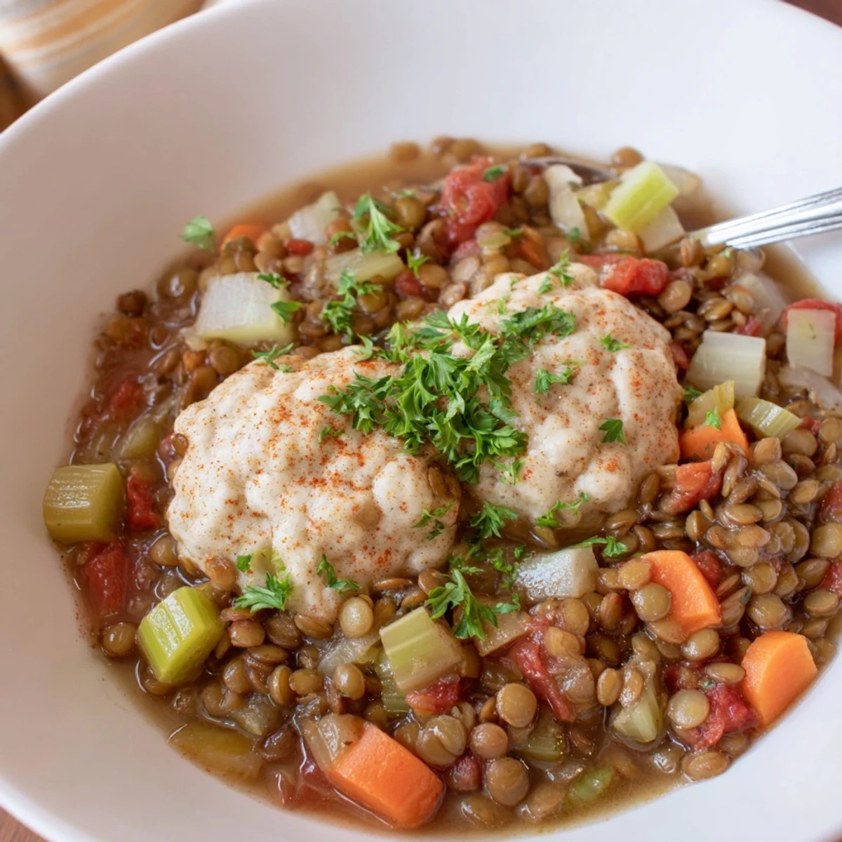 Comforting lentils with dumplings featuring fluffy biscuits in a rich vegetable stew bowl