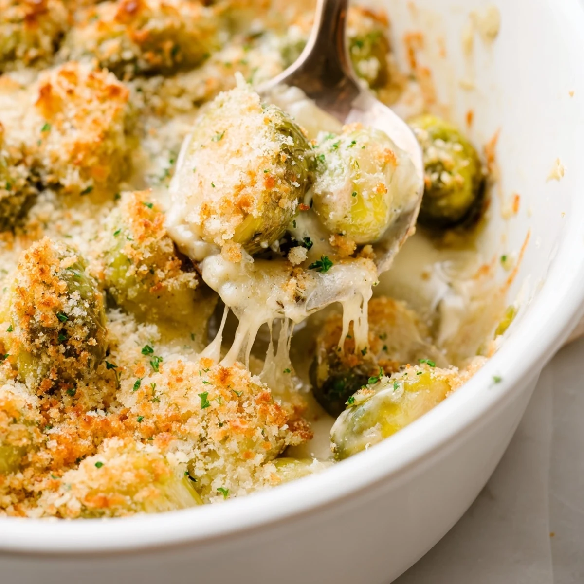 Golden brown creamy Parmesan Brussels sprouts casserole topped with crispy breadcrumbs and fresh parsley