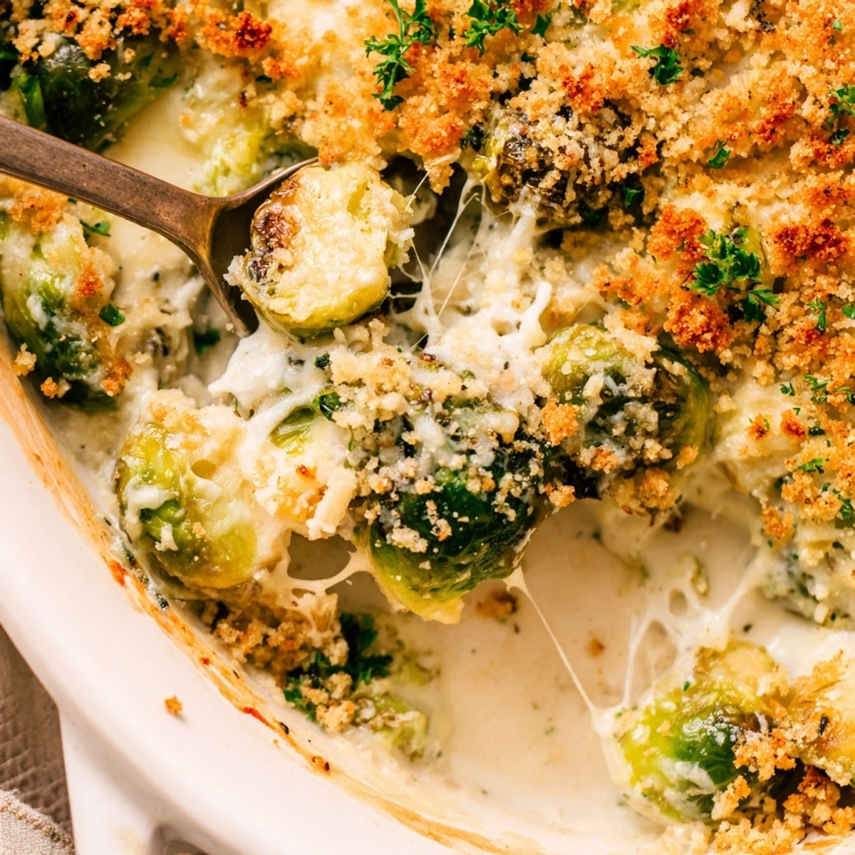 Tender halved Brussels sprouts baked in velvety cheese sauce with golden breadcrumb topping