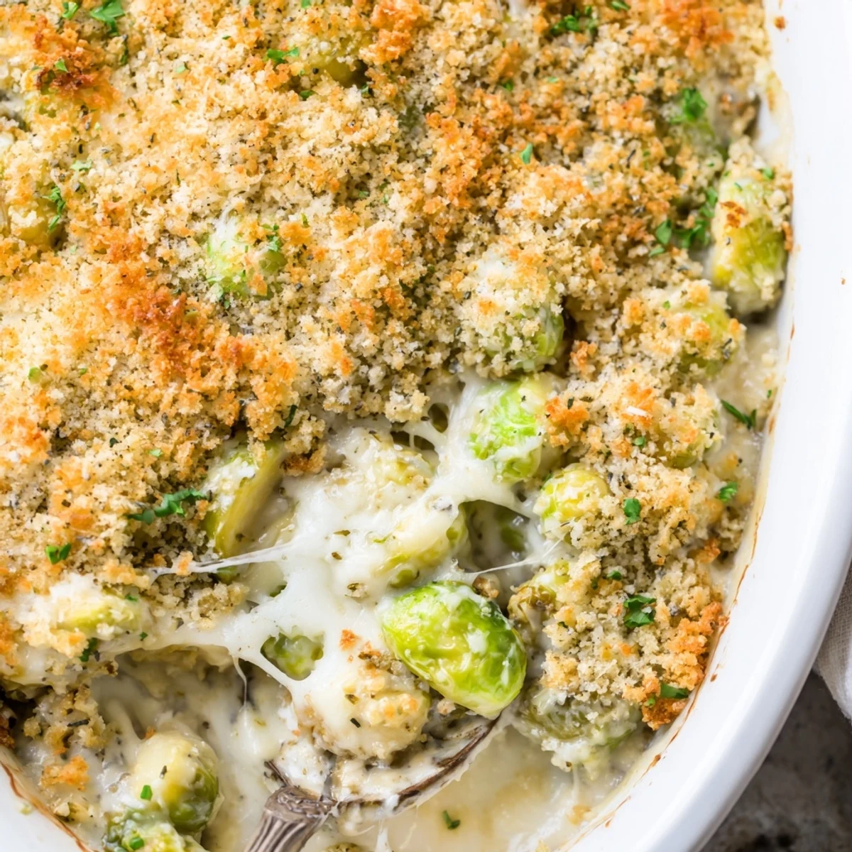 Bubbling hot Brussels sprouts casserole with melted mozzarella and Parmesan in a rich white sauce