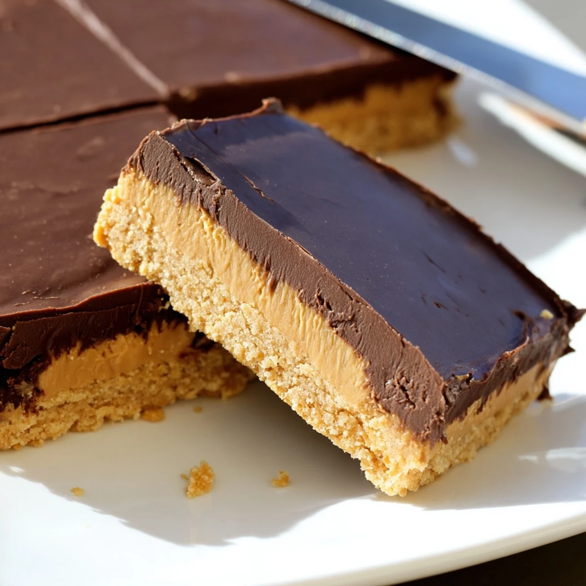 Golden chocolate layer drizzled over creamy peanut butter bars in a square baking dish