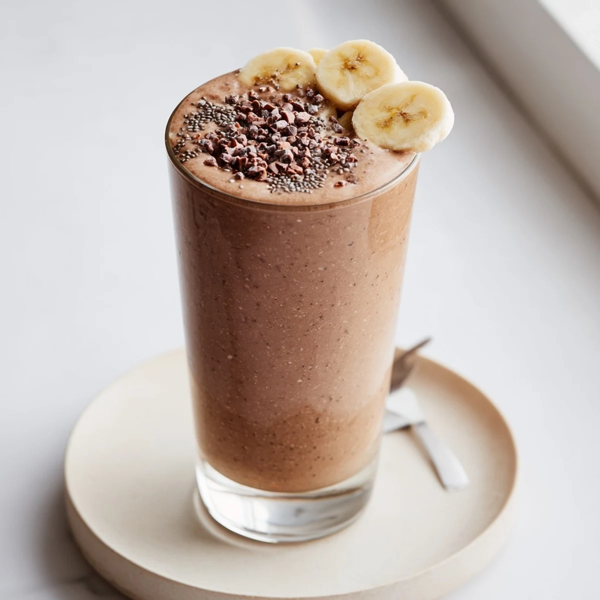 Raw Chocolate Banana Shake with frothy texture, garnished banana slice, cacao nibs