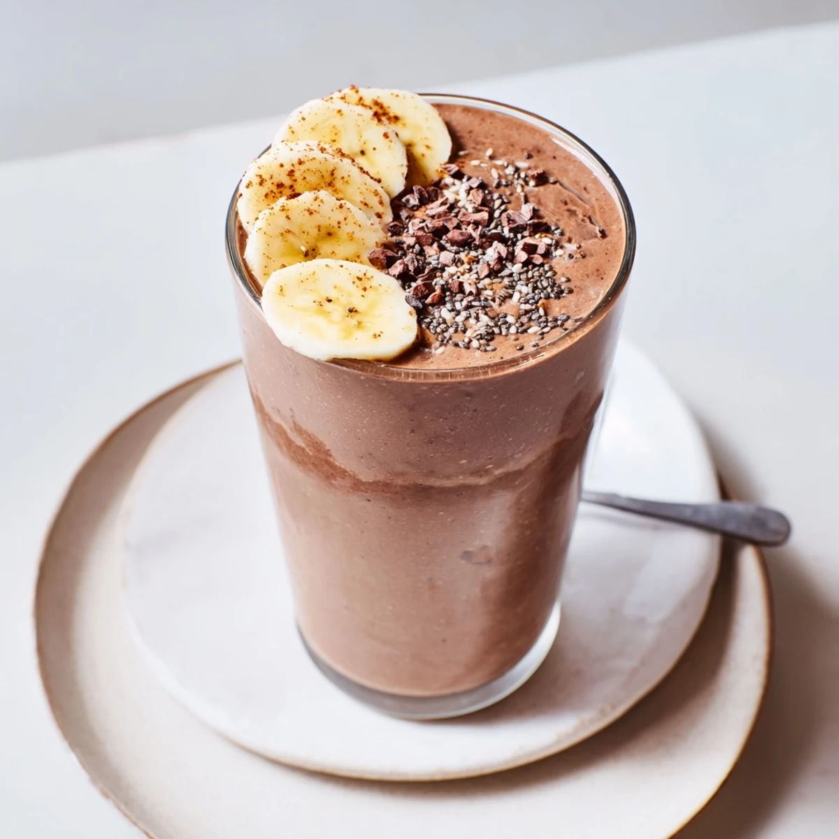 Cold Raw Chocolate Banana Shake poured into glass, creamy, naturally sweet
