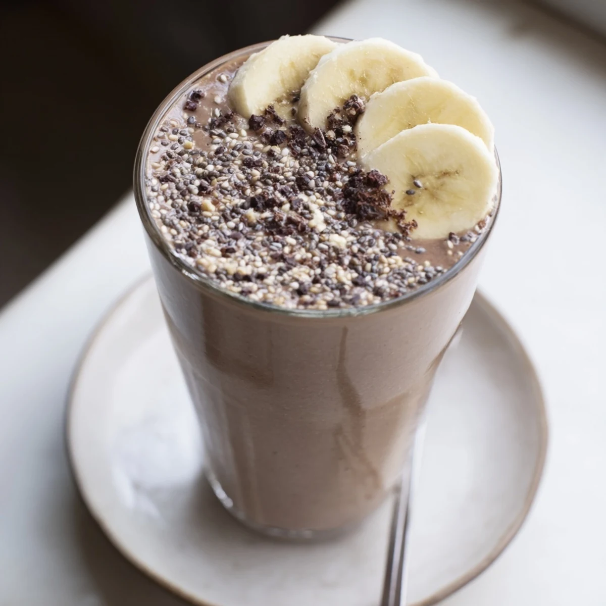 Morning Raw Chocolate Banana Shake served with chia seeds, energizing, silky
