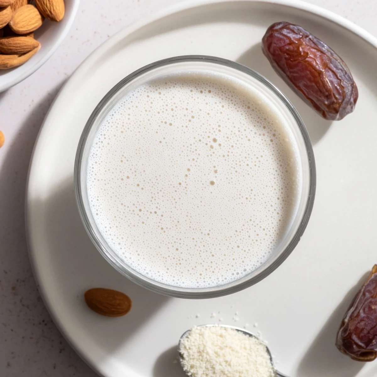 Almond Milk poured into glass jar, creamy pale color, tiny bubbles  