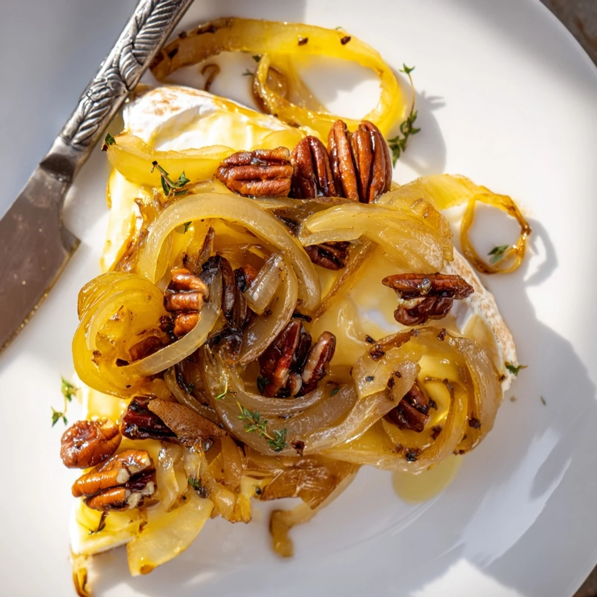 Baked Brie With Caramelized Onions And Pecans, melted golden, topped with thyme  