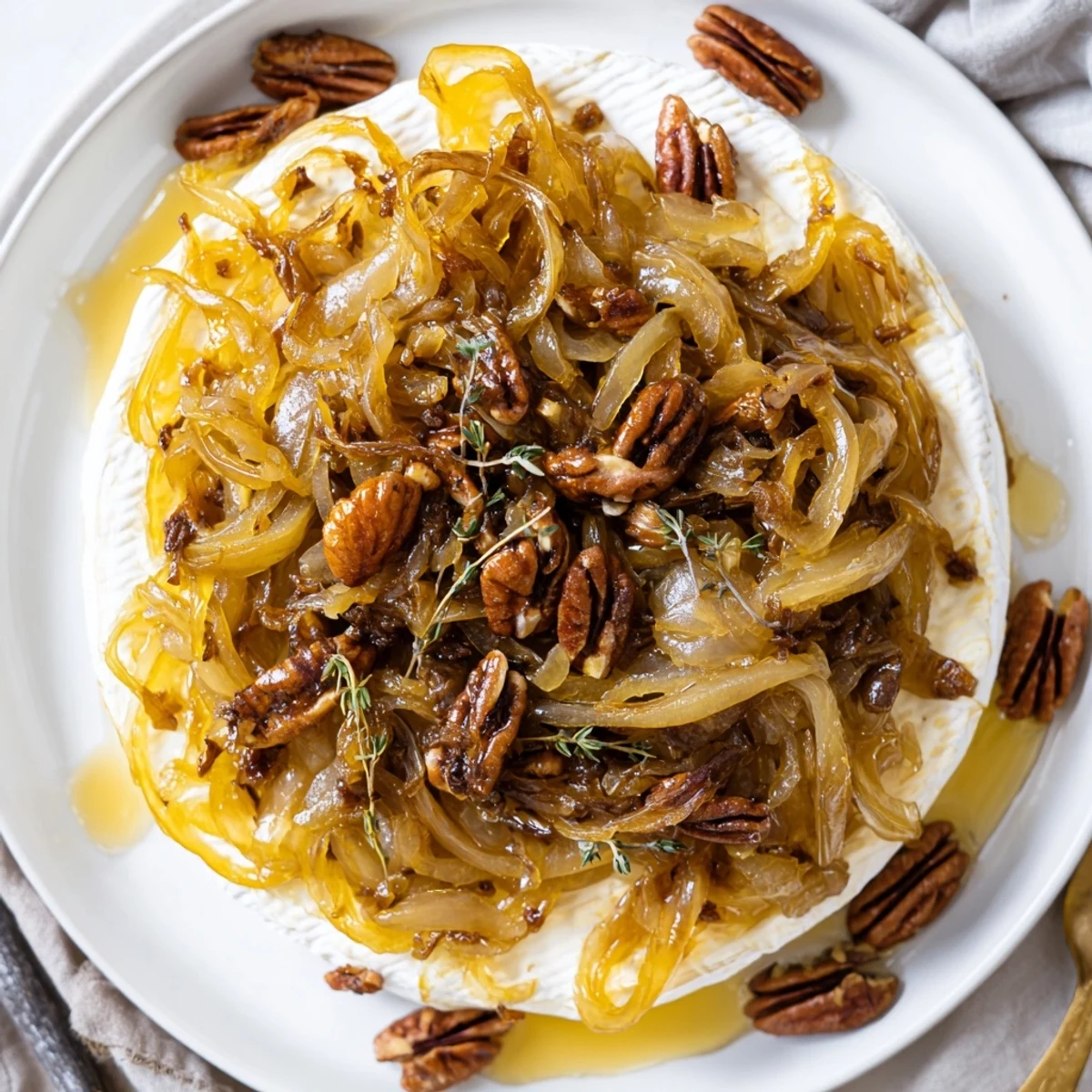 Warm Baked Brie With Caramelized Onions And Pecans served with baguette slices  