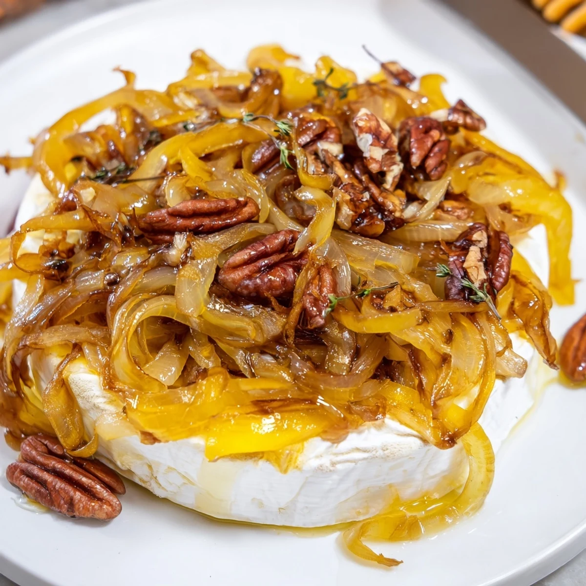 Fresh from oven Baked Brie With Caramelized Onions And Pecans, oozy cheese, crunchy pecans
