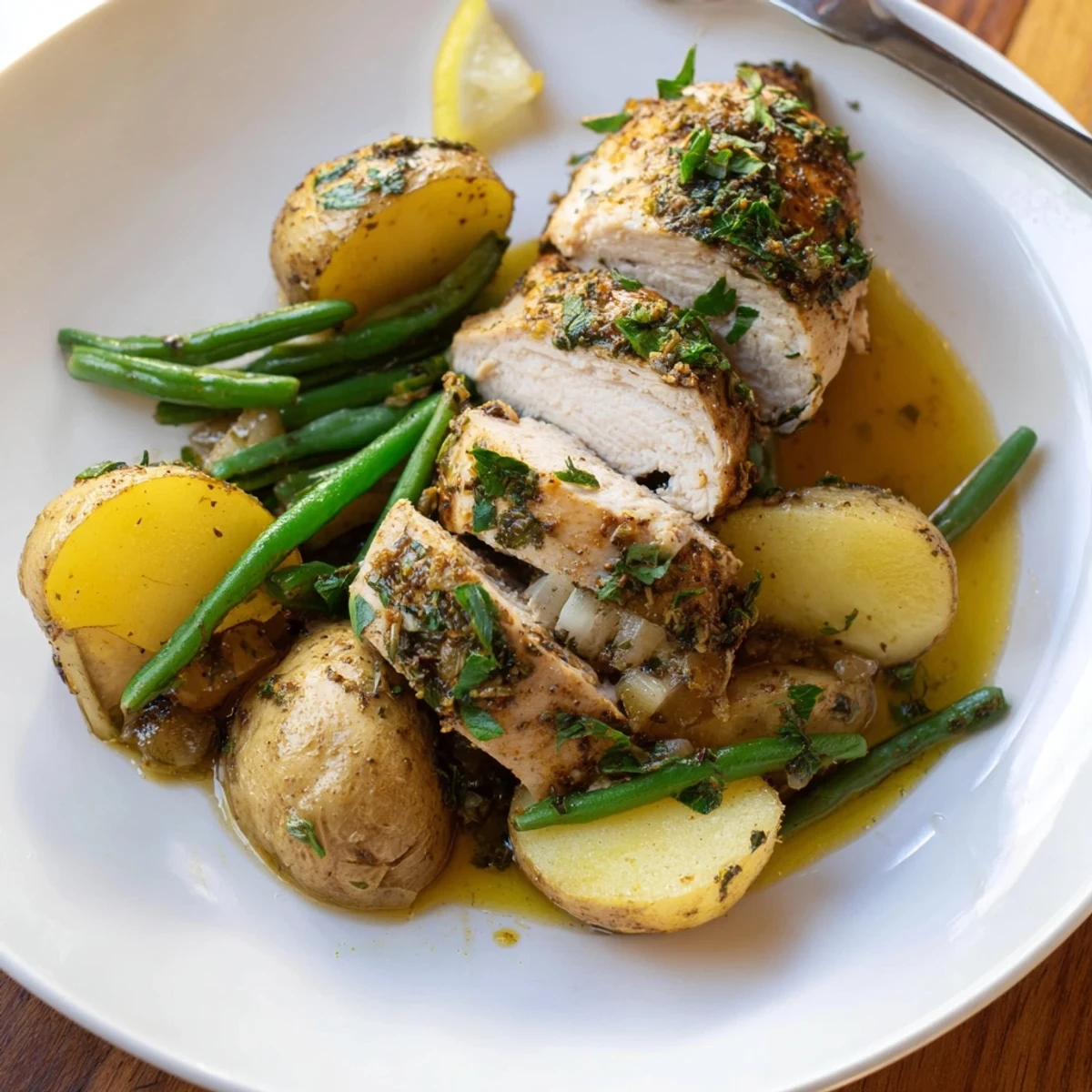 Slow Cooker Chicken And Potatoes With Green Beans steaming, herb-scented and comforting