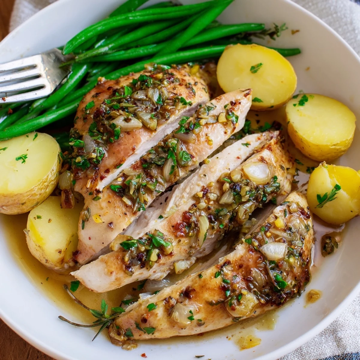 Garnished with parsley and lemon, Slow Cooker Chicken And Potatoes With Green Beans glistens