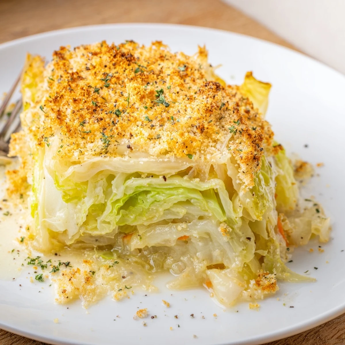Slow Roasted Cabbage And Sauerkraut Casserole with golden breadcrumb crust, steaming