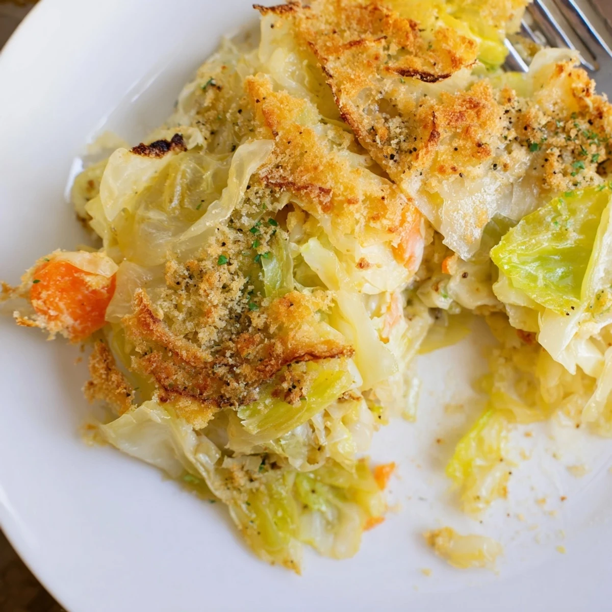 Slow Roasted Cabbage And Sauerkraut Casserole layered with caramelized onions, ready to serve