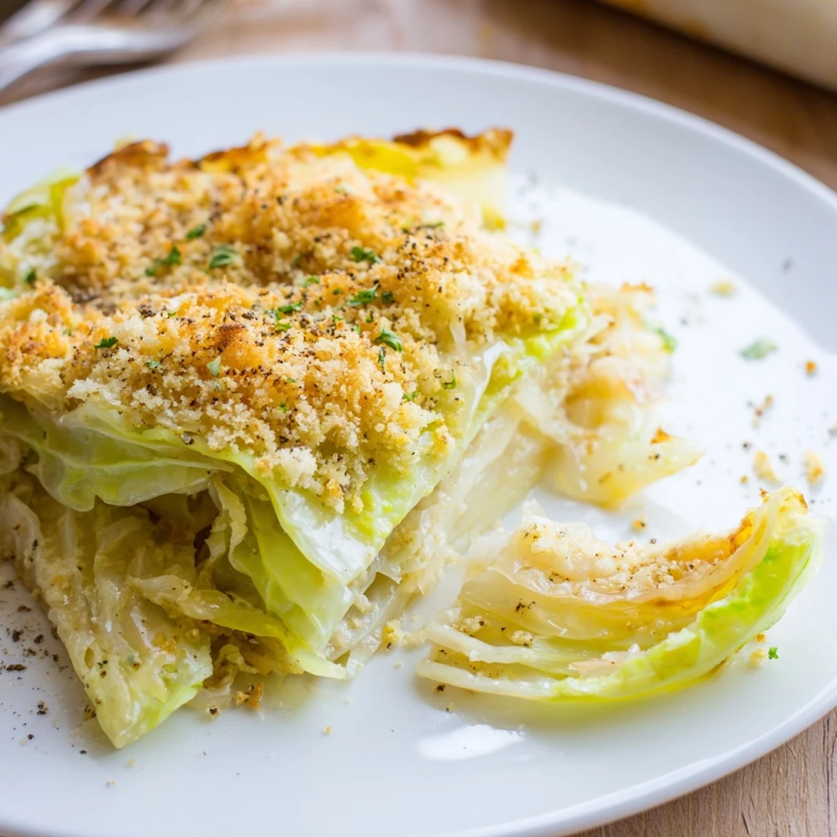 Slow Roasted Cabbage And Sauerkraut Casserole bubbling, tangy-sour center, garnished with parsley