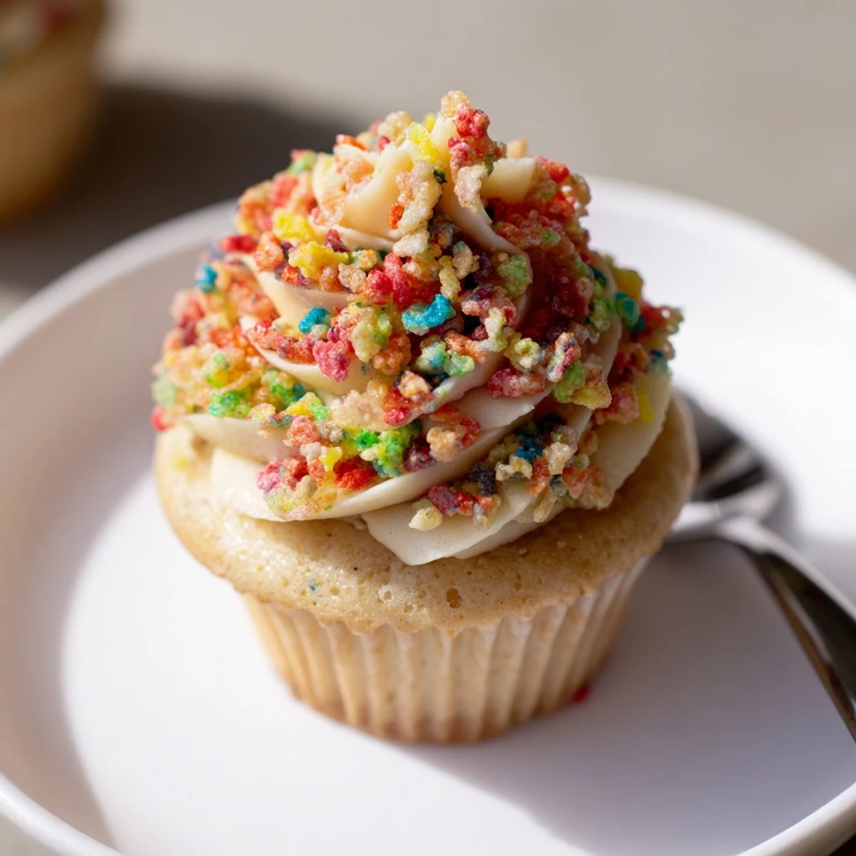 Creamy Fruity Pebbles Cereal Frosting piped onto cooled vanilla cupcakes, colorful crunch.