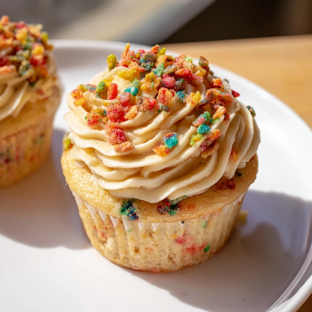 Piped Fruity Pebbles Cereal Frosting atop sugar cookies, airy texture, crunchy bites.