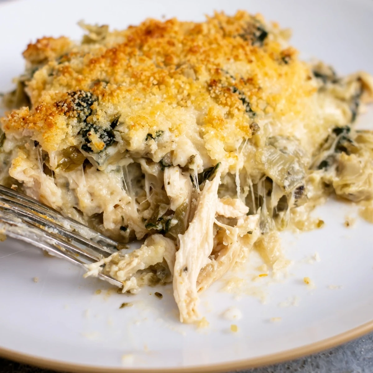 Spoonful taken from Spinach Artichoke Chicken Casserole reveals creamy, spinach-studded filling