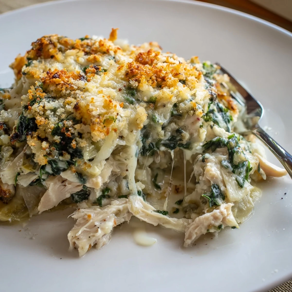Spinach Artichoke Chicken Casserole bubbling with golden cheese and crispy breadcrumbs