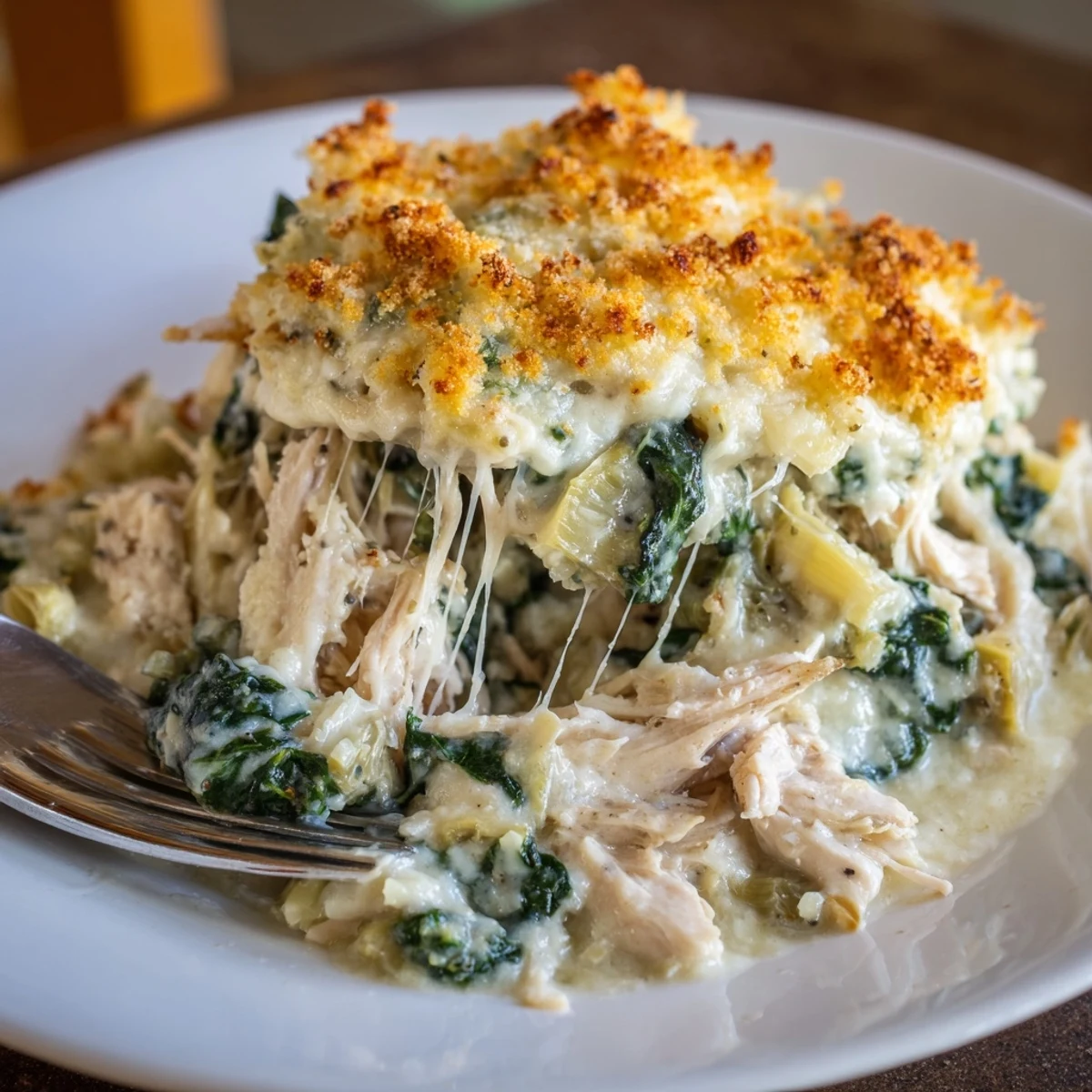 Family-style Spinach Artichoke Chicken Casserole in casserole dish, ready for dinner