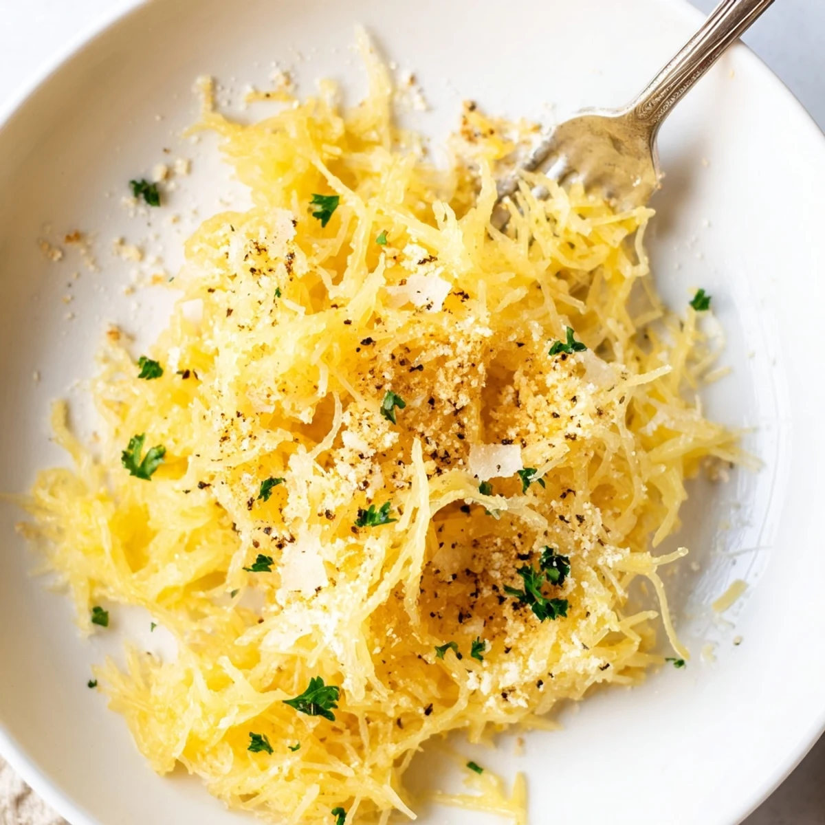 Warm Spaghetti Squash Mac Cheese strands tossed in smooth cheddar sauce, garnished with parsley