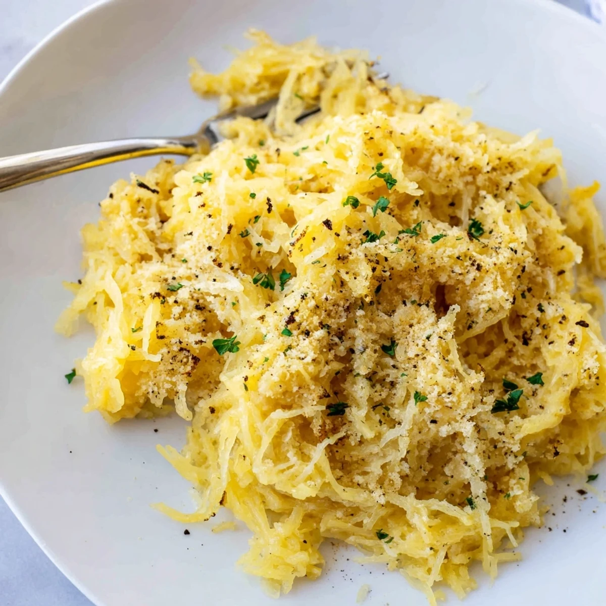 Roasted Spaghetti Squash Mac Cheese served hot with crispy breadcrumb topping