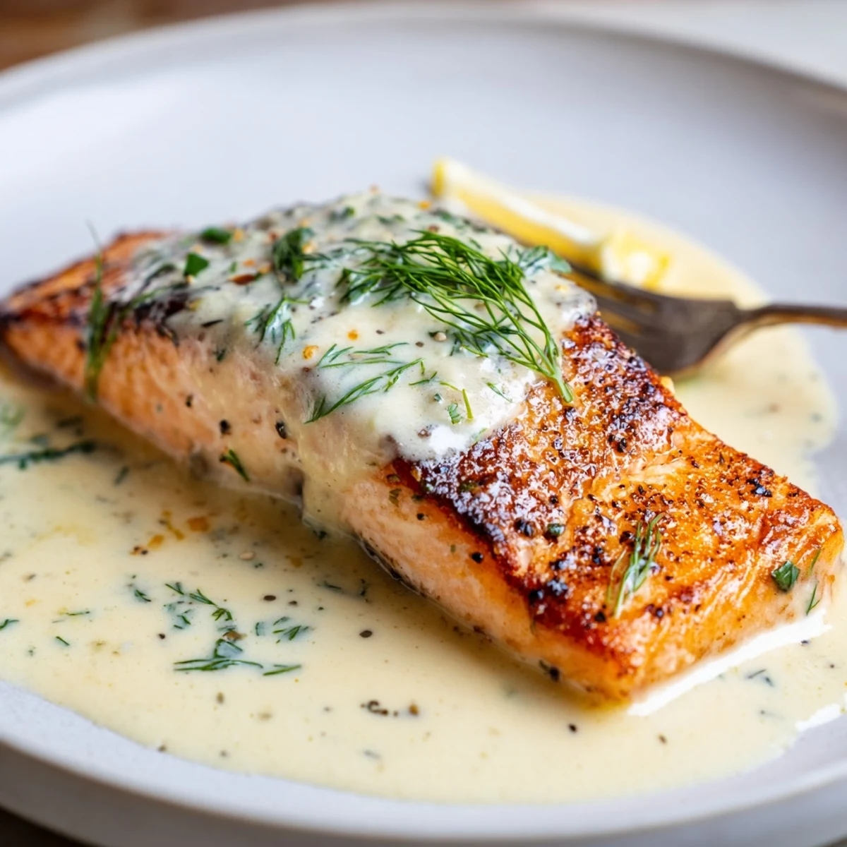 Pan-seared salmon fillets bathed in Salmon With Lemon Cream Sauce, garnished with dill.