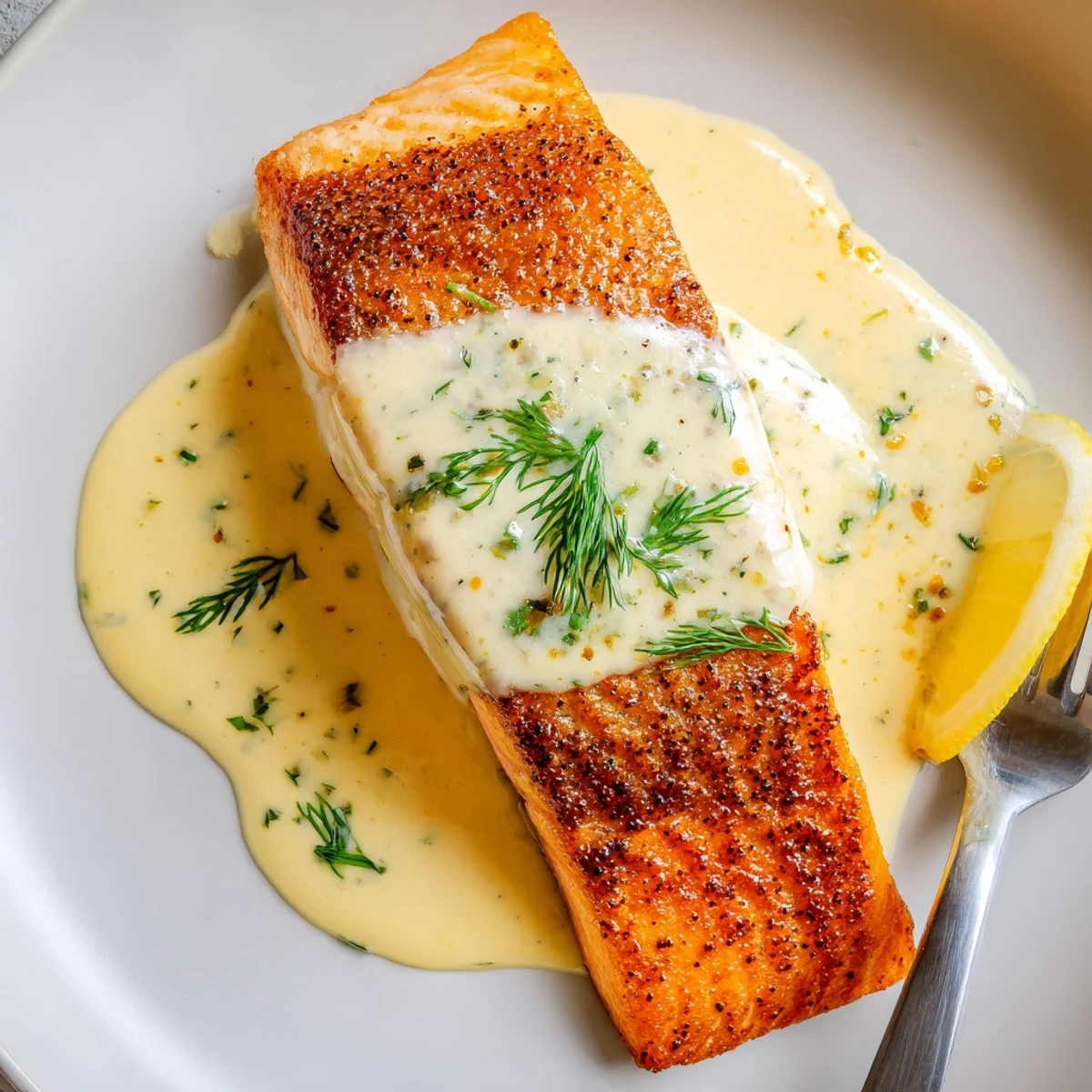 Fork-tender Salmon With Lemon Cream Sauce served with lemon wedges, steamed vegetables.