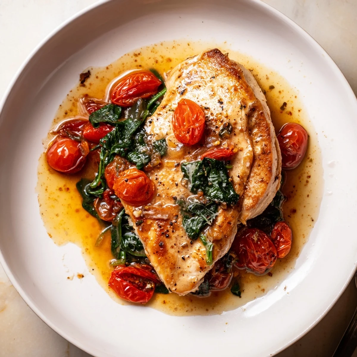 Tomato Spinach White Wine Chicken simmering in skillet with juicy tomatoes, wilted spinach