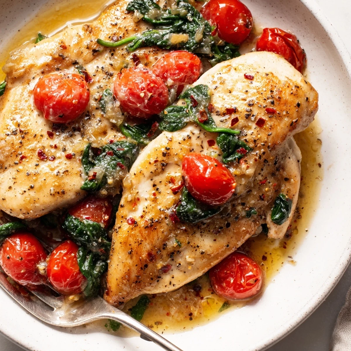 Home-cooked Tomato Spinach White Wine Chicken served hot with crusty bread, Parmesan