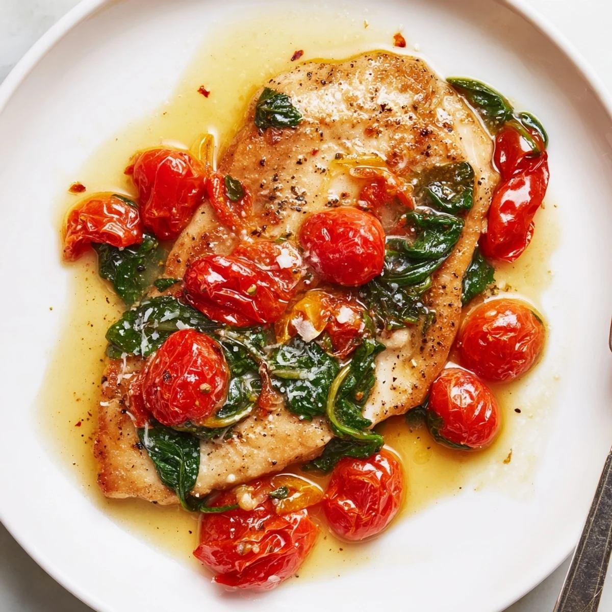 Plated Tomato Spinach White Wine Chicken over pasta, fragrant garlic and wine sauce