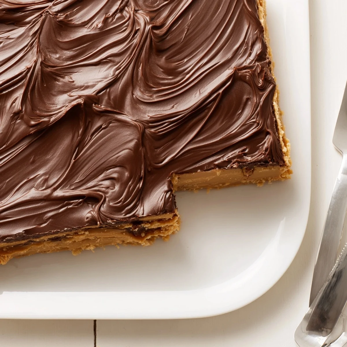 Peanut Butter Bars chilled on parchment, glossy chocolate layer and nutty crumbs.
