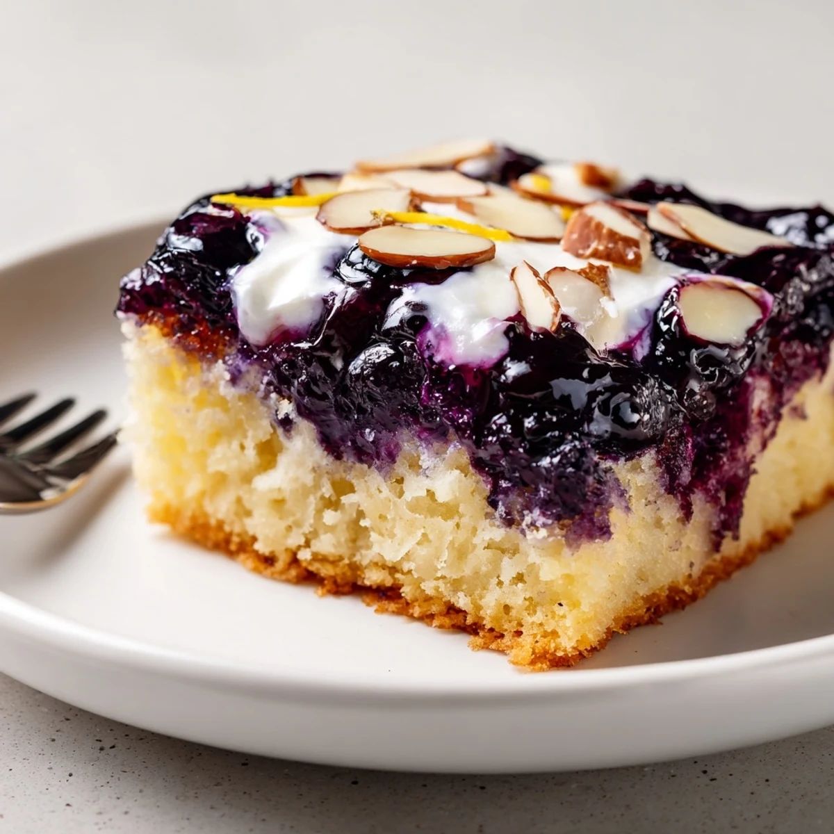 Moist Lemon Blueberry Poke Cake With Almond Topping, glossy blueberry pockets and toasted almonds.