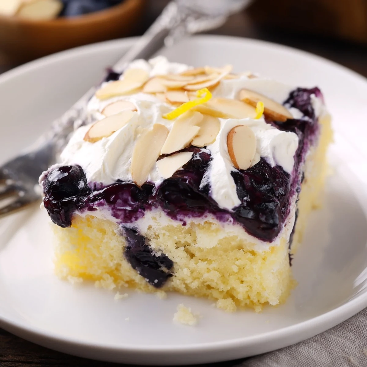Blueberry syrup seeping into holes of Lemon Blueberry Poke Cake With Almond Topping.