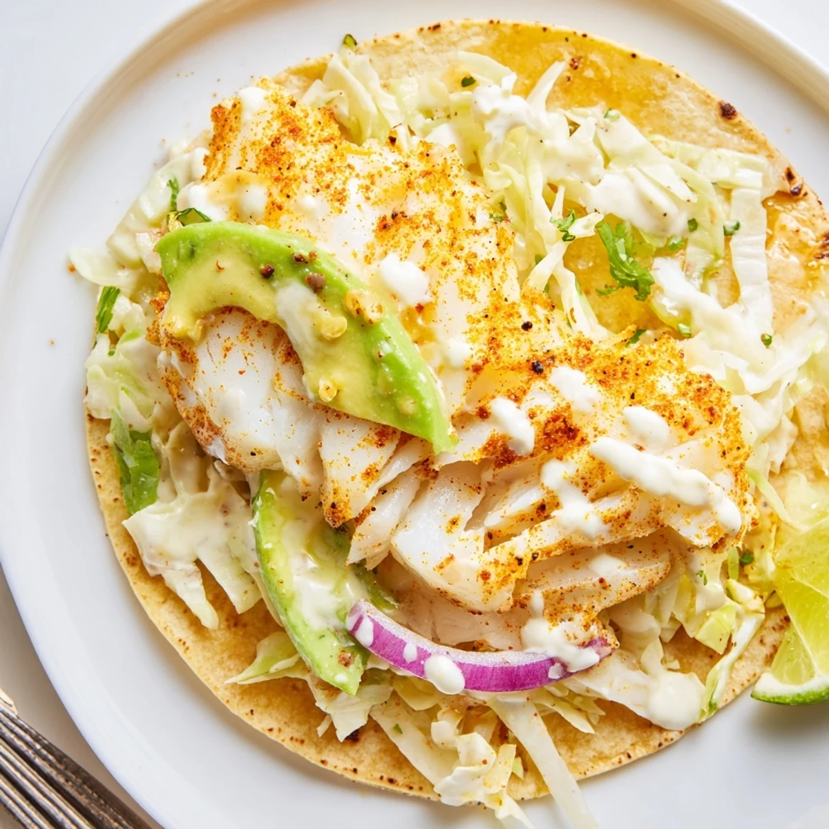 Baked Cod Fish Tacos with Creamy Cilantro Lime Sauce served with zesty lime wedges.