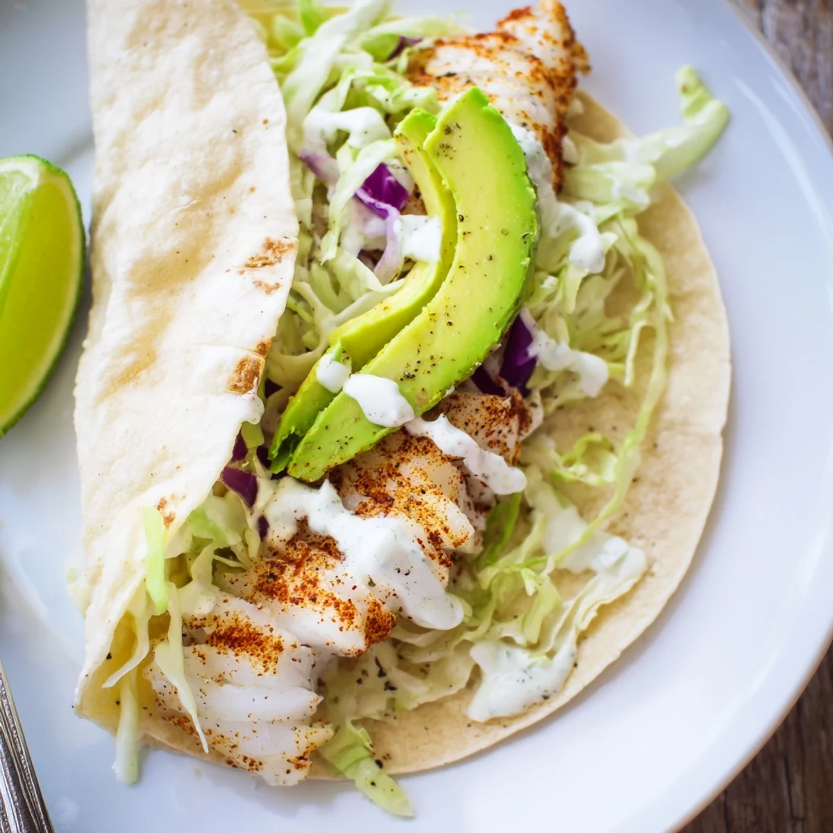 Crispy seasoned cod tucked into Baked Cod Fish Tacos with Creamy Cilantro Lime Sauce.