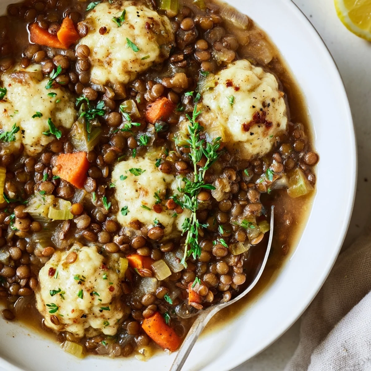 Steaming bowl of Lentils With Dumplings in savory broth, fragrant herbs.