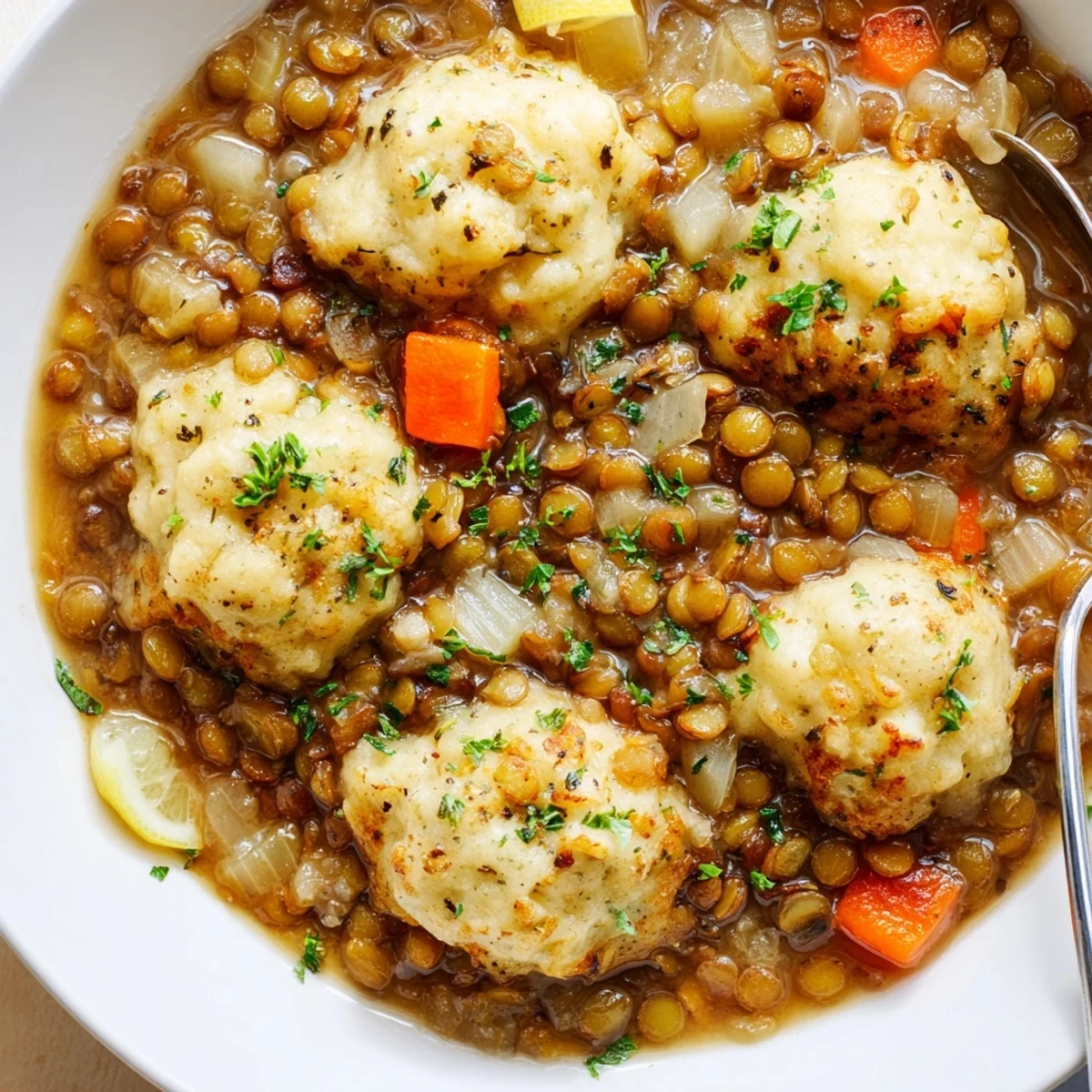 Hearty Lentils With Dumplings served steaming in a rustic bowl with crusty bread.