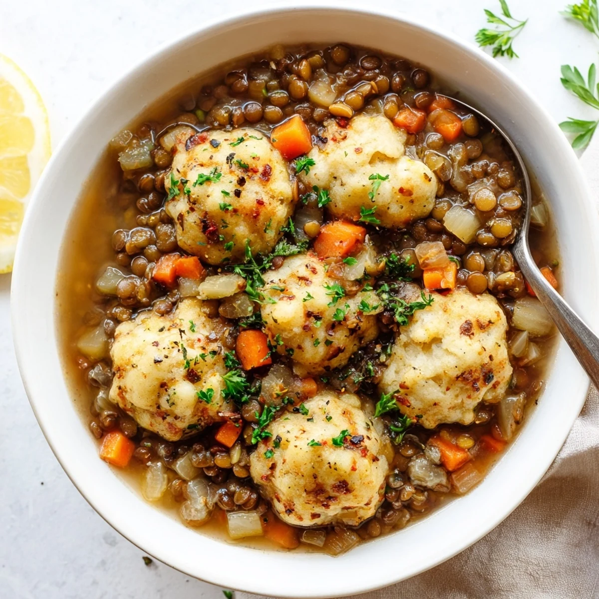 Warm, savory bowl of Lentils With Dumplings steaming, herbs and lemon squeeze suggested.