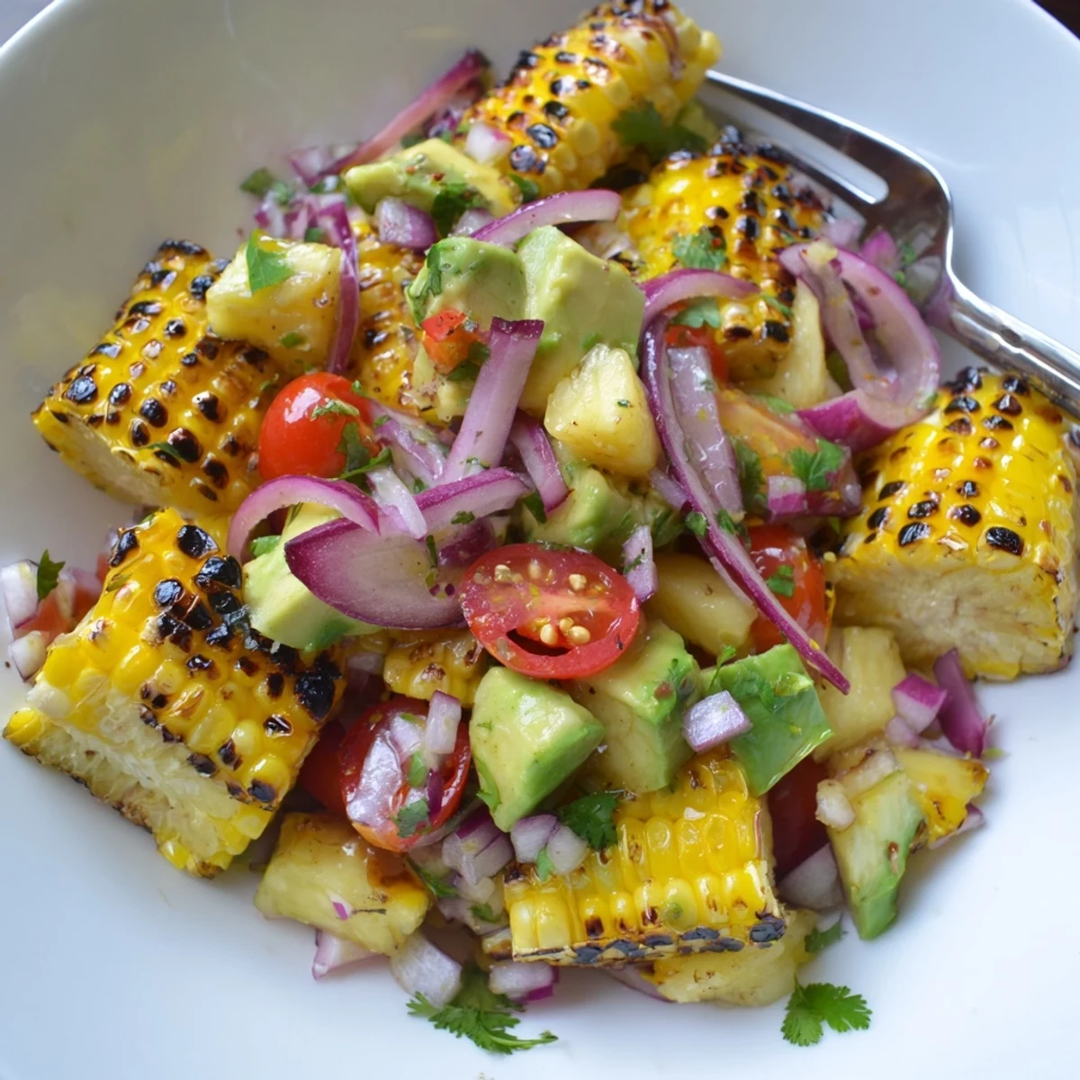 Tropical Charred Corn And Avocado Salad with juicy pineapple and smoky kernels