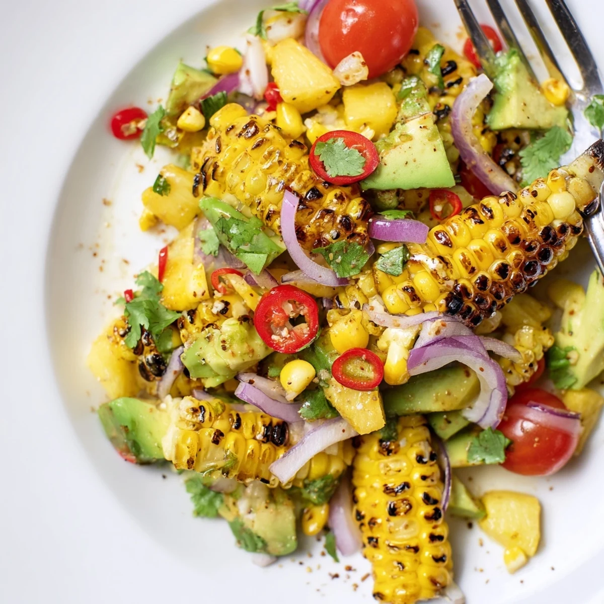 Citrusy bowl: Tropical Charred Corn And Avocado Salad topped with chopped cilantro